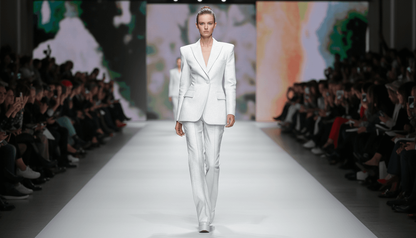 Fashion model walking on runway with blurred background of busy fashion show.