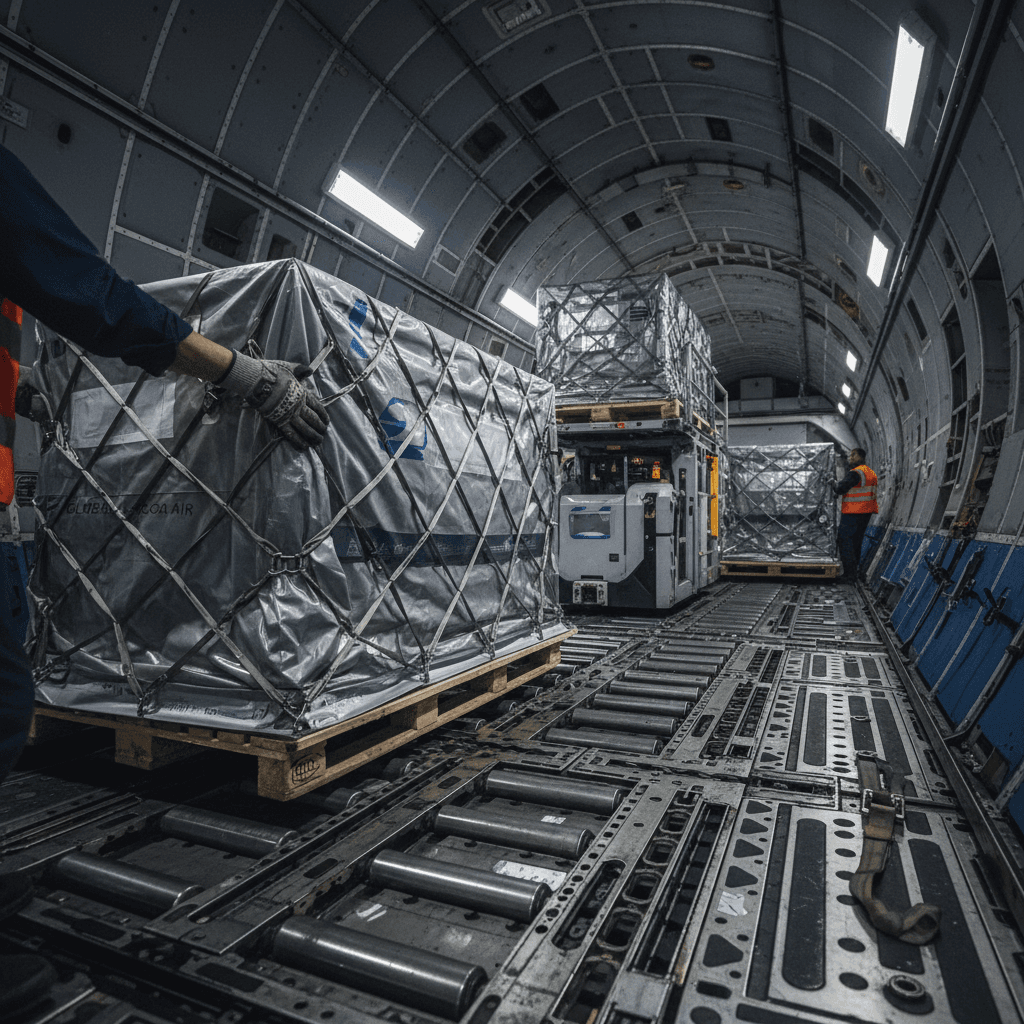 Close-up of cargo being loaded into aircraft cargo hold with specialized equipment and worker hands guiding placement.