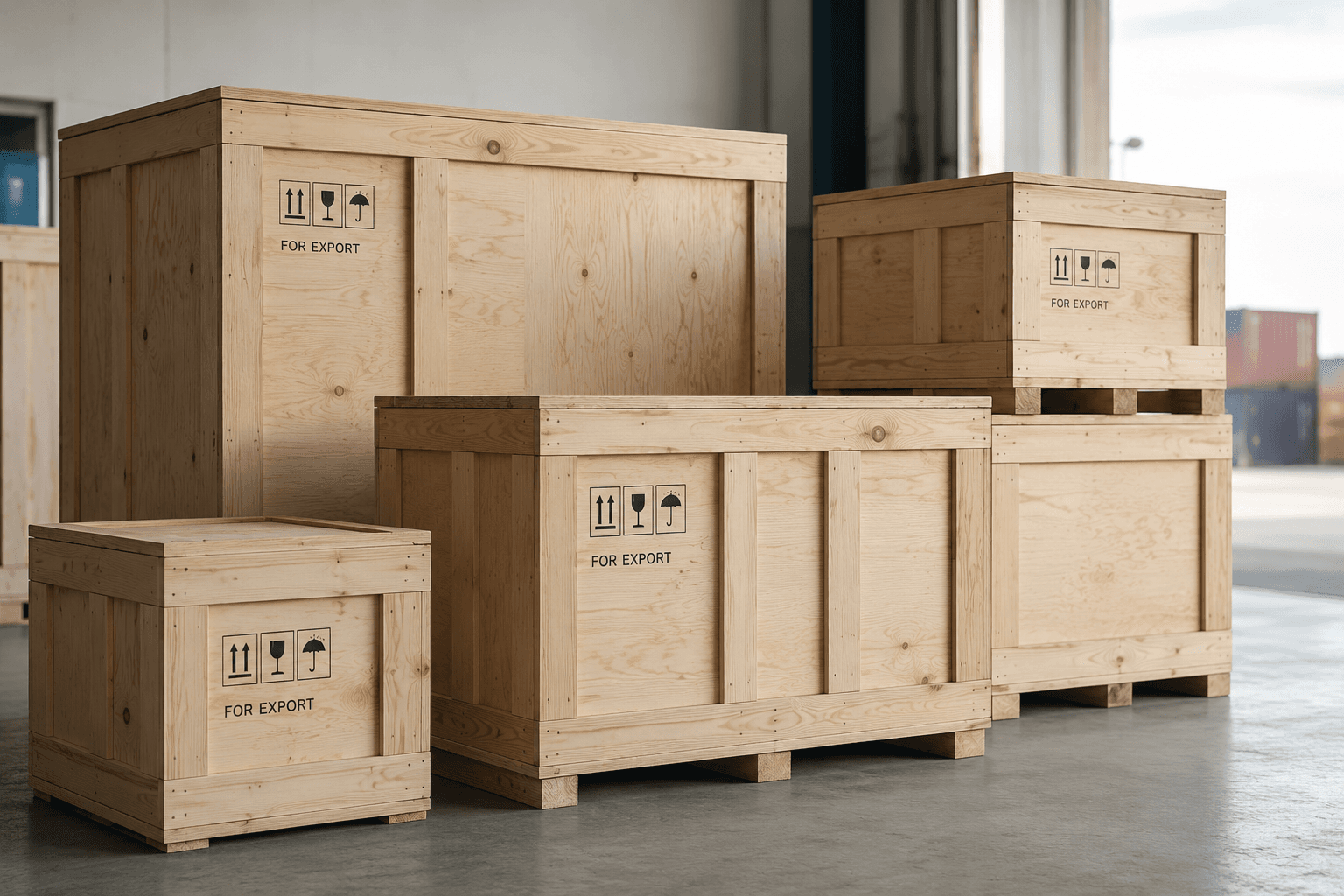 Wooden shipping crates of different sizes marked for export, stacked inside a bright industrial warehouse.